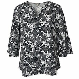 Talbots Black White Floral 3/4 Sleeve V Neck Blouse Top Women Size S‎